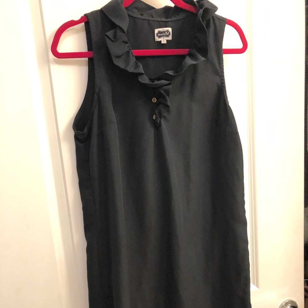 Midlife black ruffle neck dress